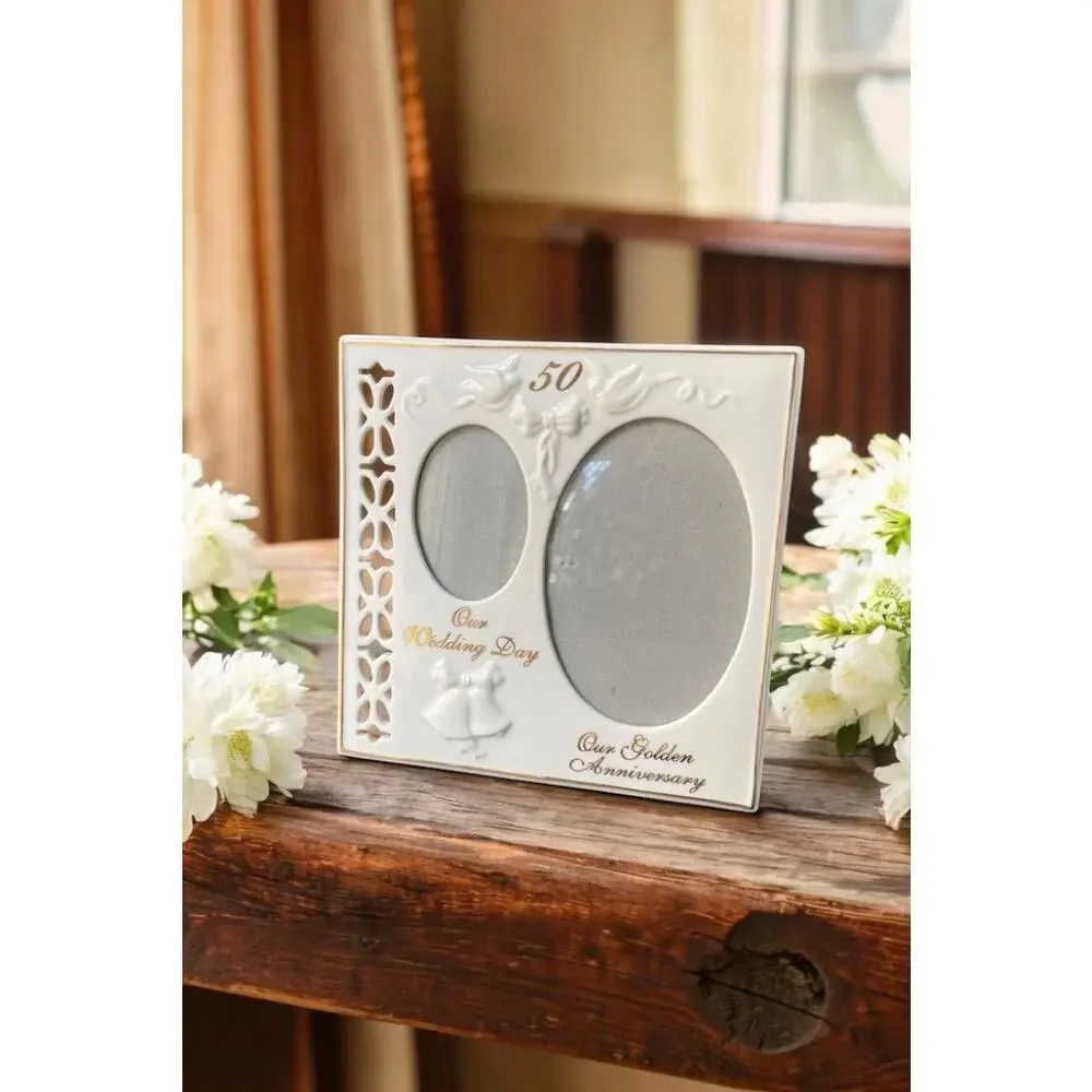 Vtg Porcelain 50th Wedding Anniversary 2 Picture Frame Golden Cream Ornate Russ